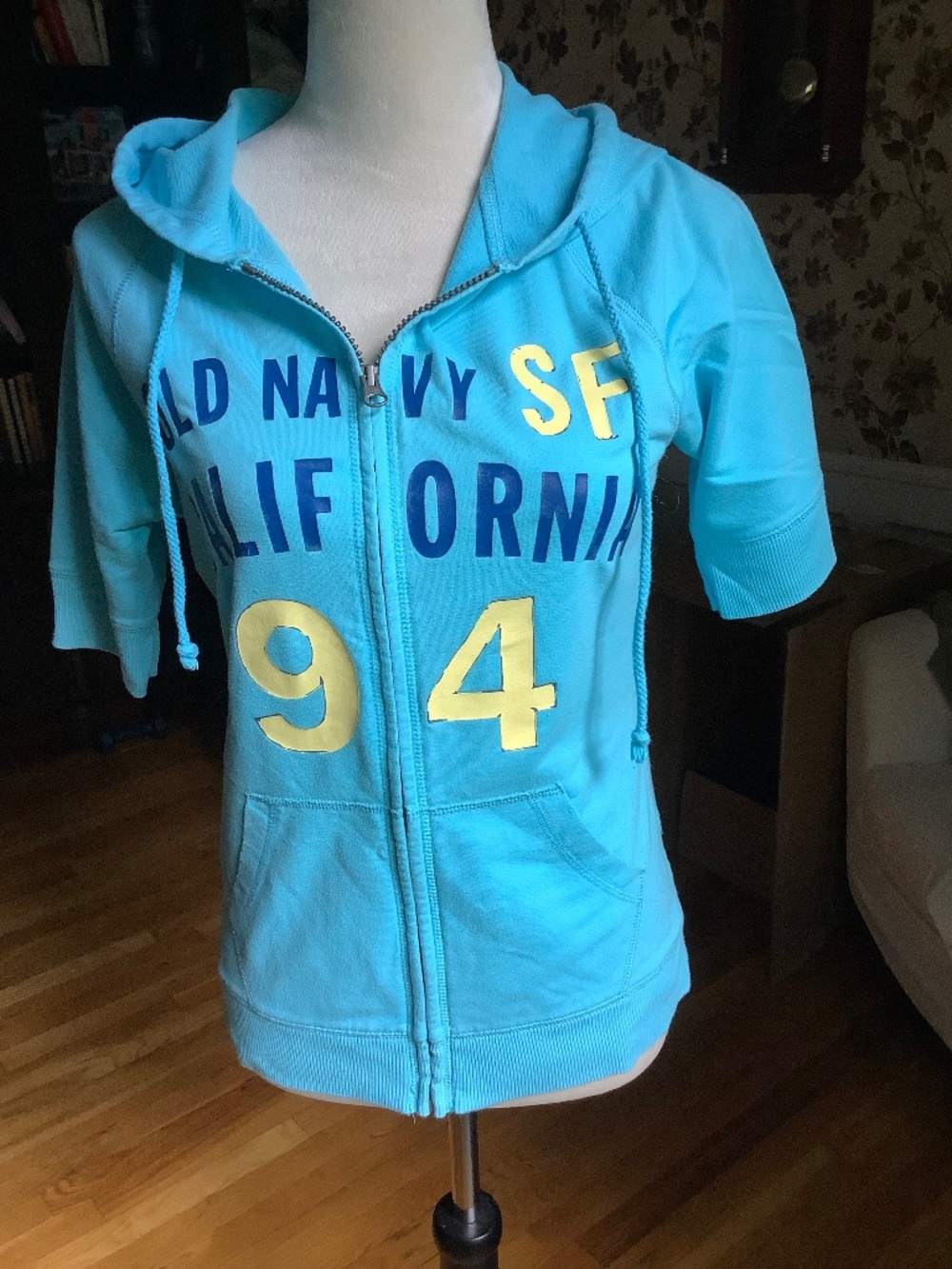 Old Navy Short Sleeve Full Zip Cotton Blend Hoodie Sweatshirt Blue Size S